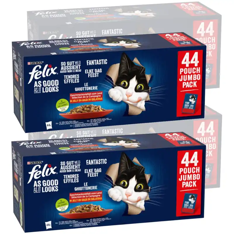 Dostępne od ręki Felix Fantastic Mokra Karma Dla Kota Wiejskie Smaki W Galaretce 14,96kg (176x85g) Wołowina Kurczak Kaczka Jagnięcina