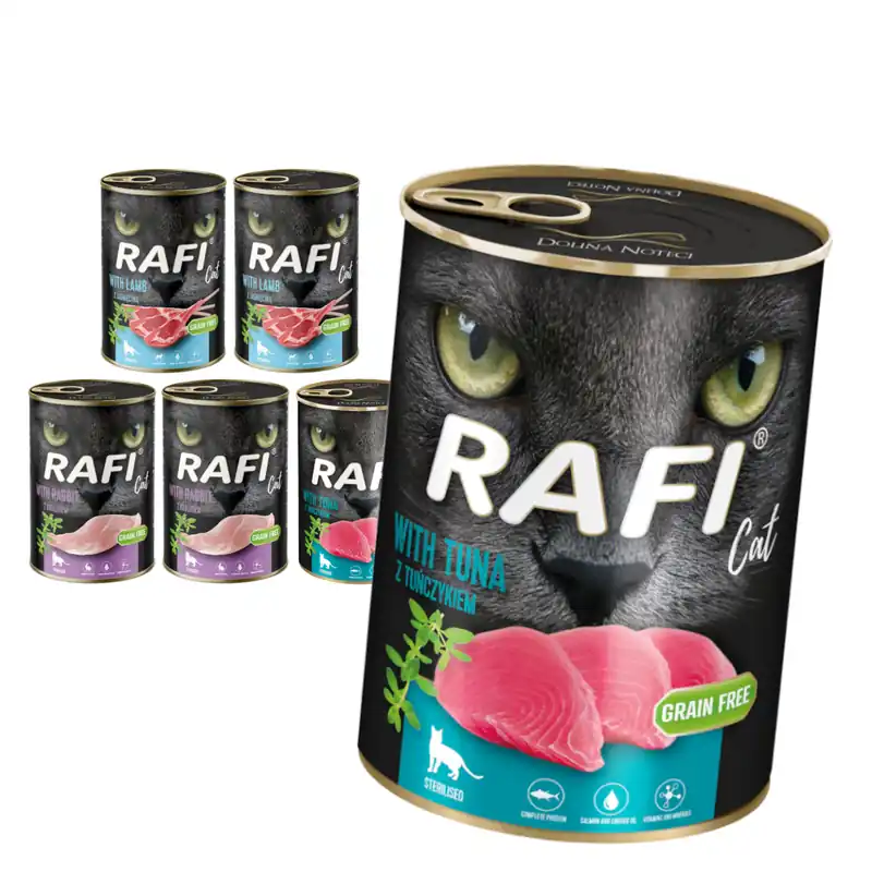 Tylko do końca tygodnia Rafi Cat Adult 6x400g Bezzbożowa Mokra Karma Dla Kotów Sterylizowanych Jagnięcina Królik Tuńczyk
