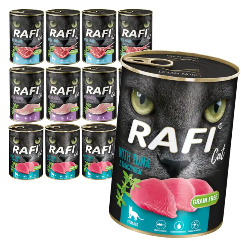 Rafi Cat Adult 12x400g Bezzbożowa Mokra Karma Dla Kotów Sterylizowanych Jagnięcina Królik Tuńczyk Nowy
