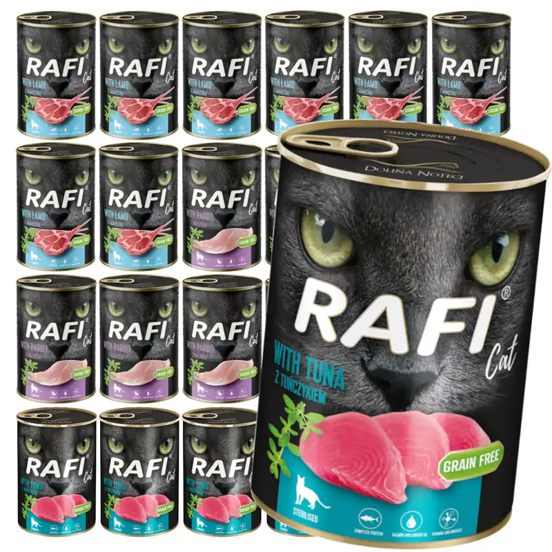 Ostatnia szansa Rafi Cat Adult 24x400g Bezzbożowa Mokra Karma Dla Kotów Sterylizowanych Jagnięcina Królik Tuńczyk