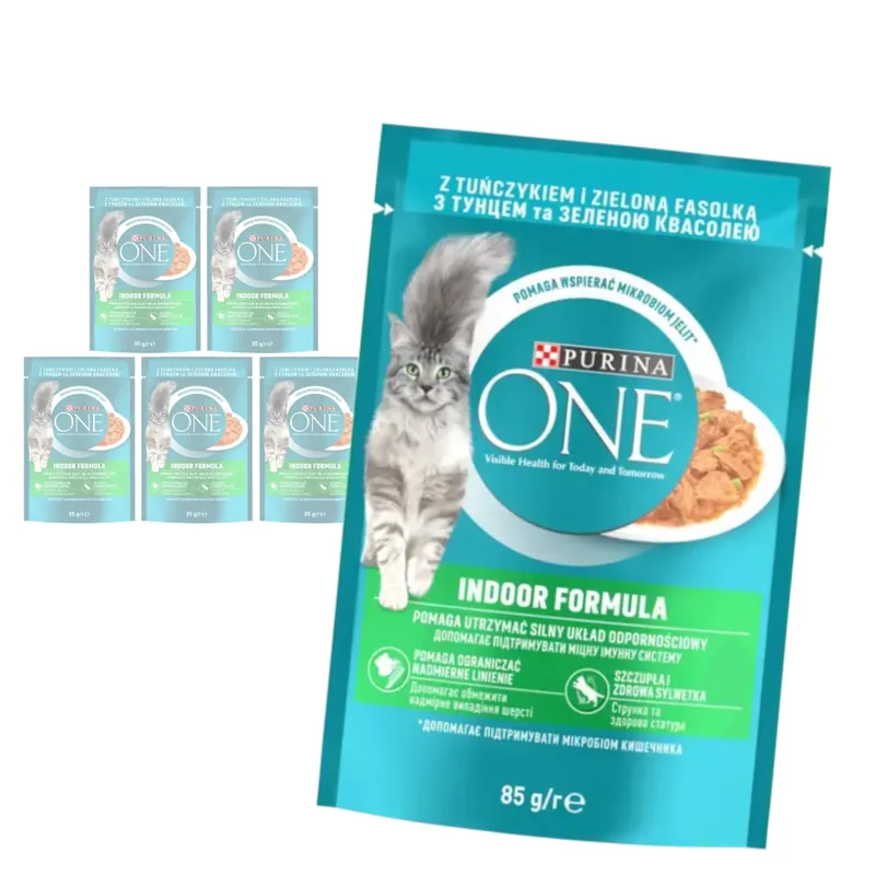 Nowy Purina One Indoor Formula 6x85g Mokra Karma Dla Kota Z Tuńczykiem I Zielona Fasolką
