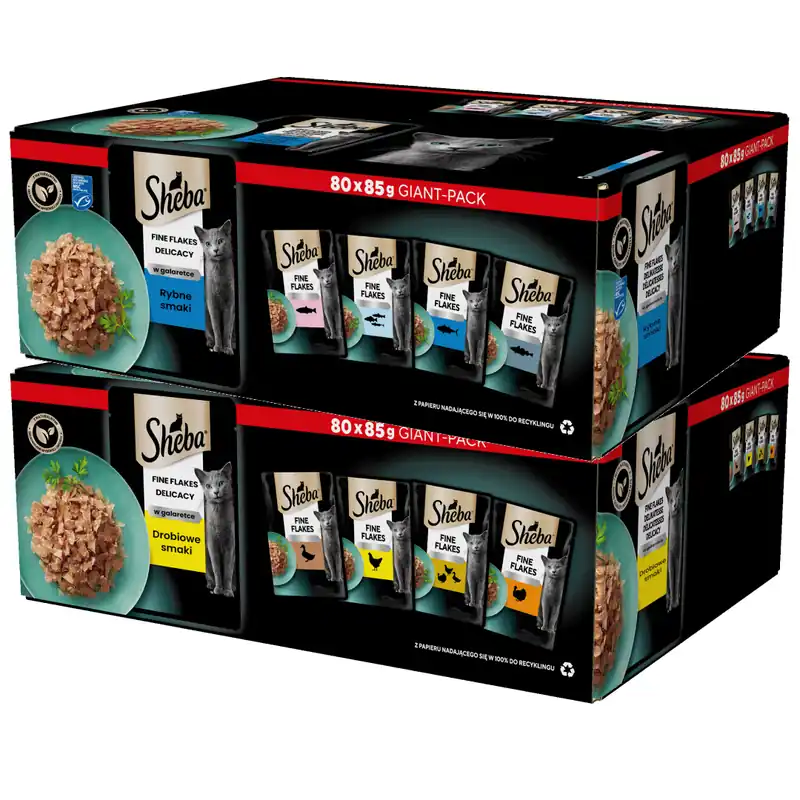 Bestseller Sheba Fine Flakes Delicacy 160x85g Rybne i Drobiowe Smaki Mokra Karma Dla Dorosłych Kotów w Galaretce