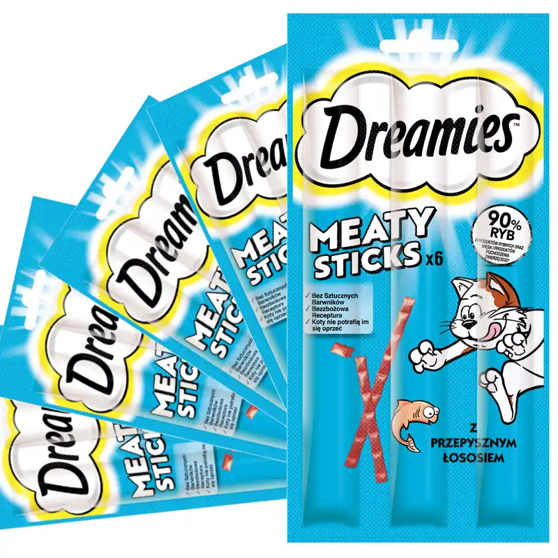 Ograniczona ilość Przysmak Dreamies Meaty Sticks 5x30g Karma Uzupełniająca Dla Dorosłych Kotów Pałeczki Z Łososiem