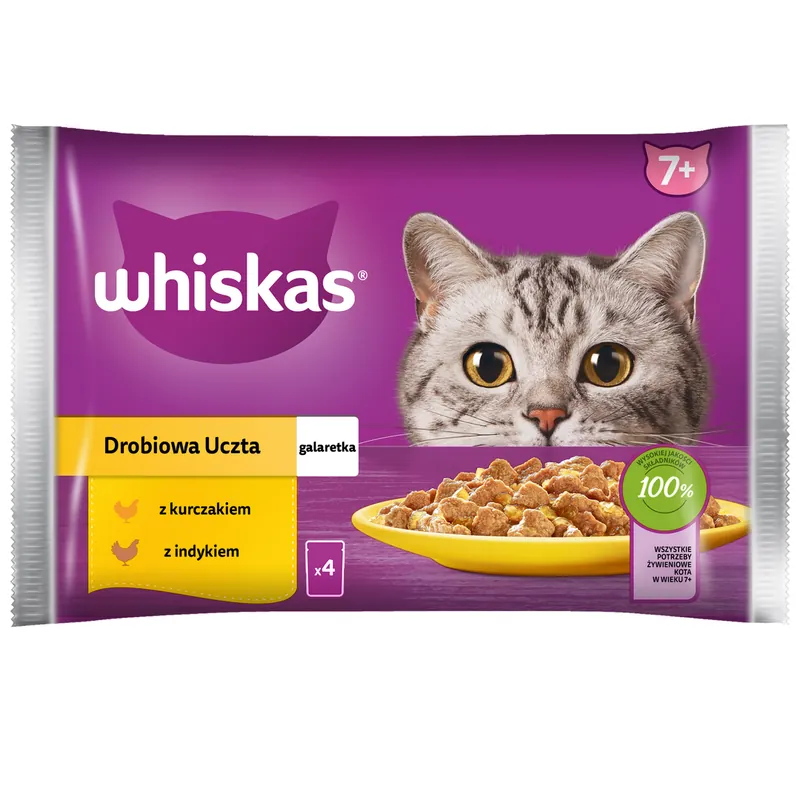 Do wyczerpania zapasów WHISKAS Senior Drobiowa Uczta 4x85g Mokra Karma Dla Starszego Kota w Galaretce Kawałki z Kurczakiem i Indykiem
