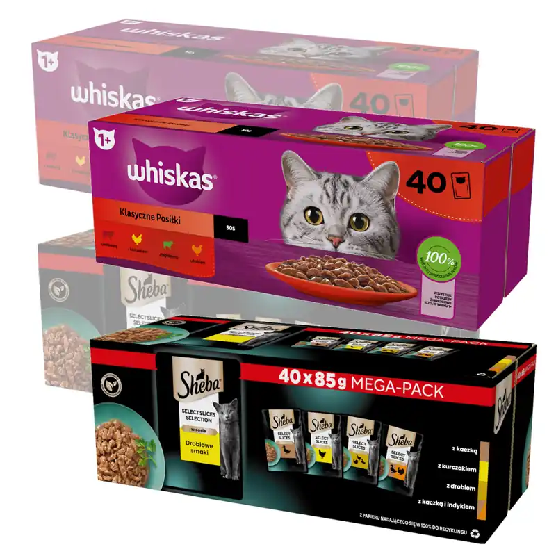 Whiskas Adult Klasyczne Posiłki + Sheba Selection in Sauce Kolekcja Drobiowych Smaków Mokra Karma Dla Kota W Sosie 160x85g Wyjątkowa oferta