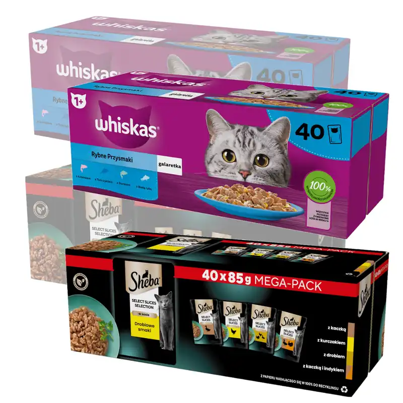 Whiskas Rybne Przysmaki W Galaretce + Sheba Selection Drobiowe Smaki w Sosie 160x85g Mokra Karma Dla Kota Łatwy zwrot