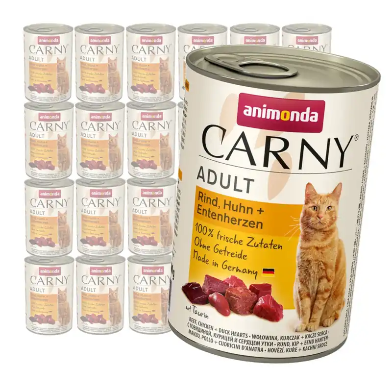 Animonda Carny Adult 24x400g Mokra Karma Dla Kota z Wołowiną Kurczakiem i Kaczymi Sercami Łatwy zwrot