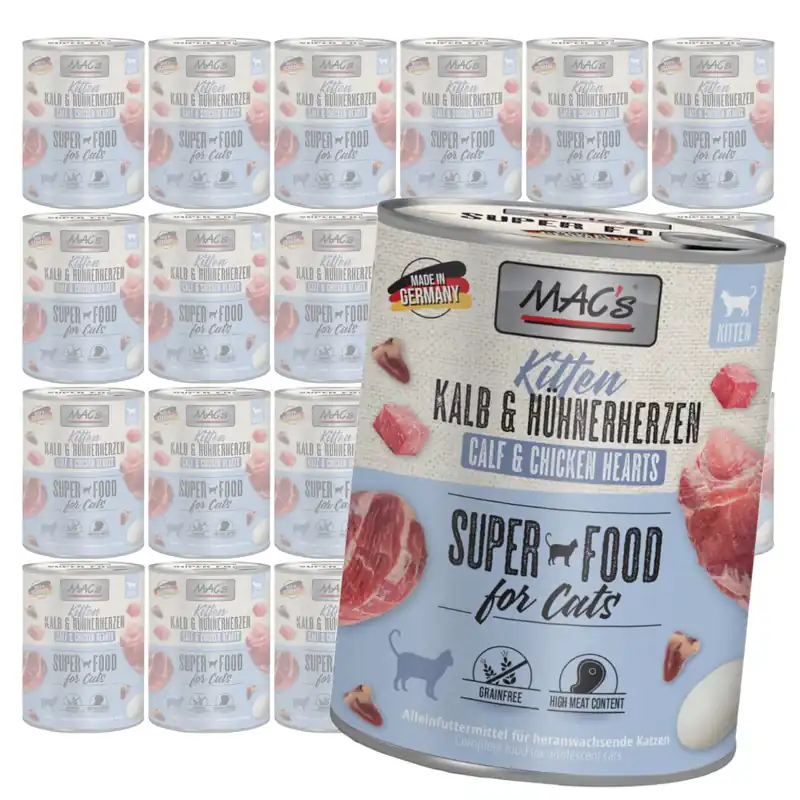 Bestseller MAC‘s Kitten 24x800g Bezzbożowa Mokra Karma Dla Kociąt Cielęcina Serca Drobiowe