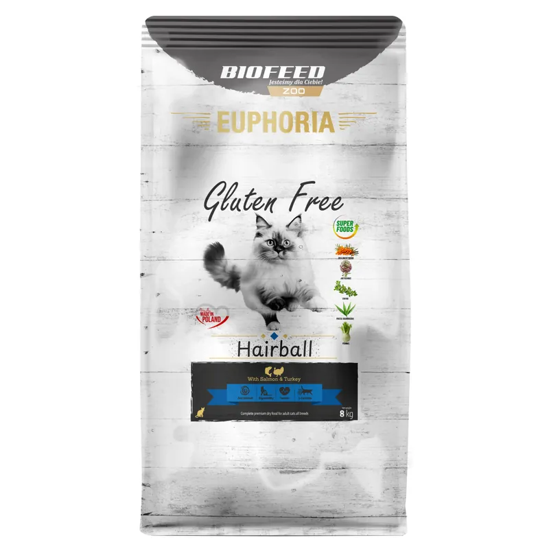 Biofeed Euphoria Gluten Free Hairball 8kg Sucha Karma Dla Kota z Indykiem i Łososiem Łatwy zwrot