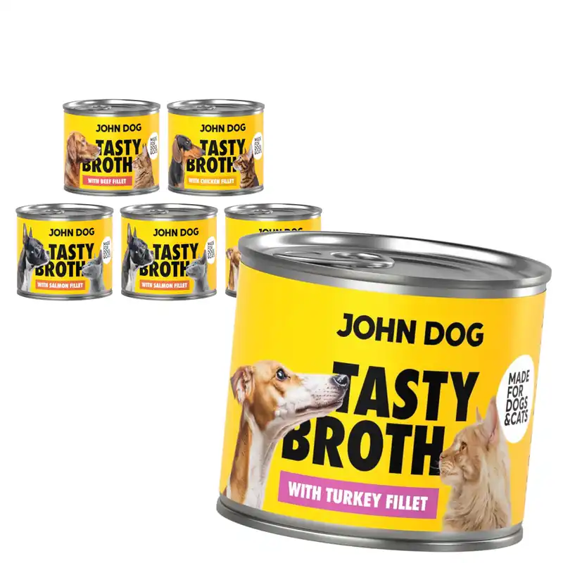 John Dog Tasty Broth 6x140g Mokra Uzupełniająca Karma Dla Dorosłych Psów I Kotów Indyk Kurczak Łosoś Wołowina Ostatnia szansa