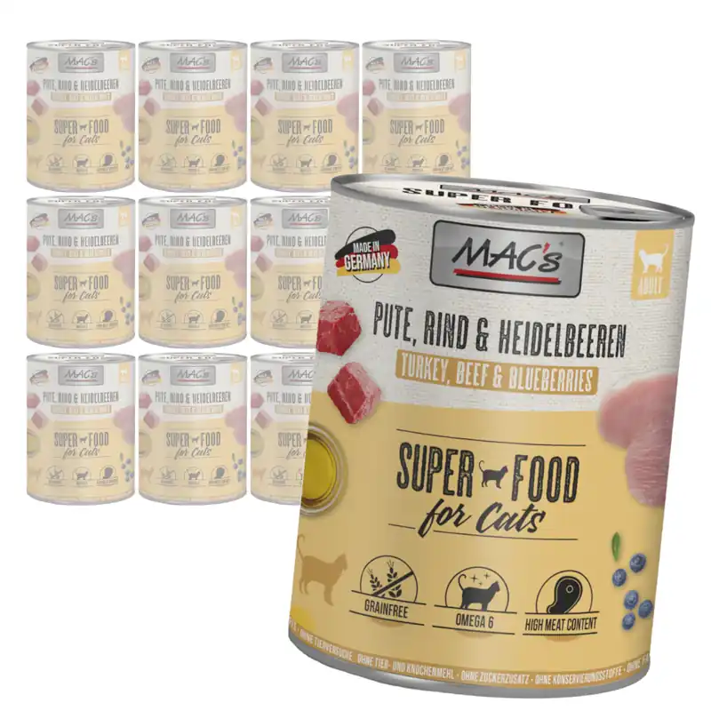 MAC‘s 12x800g Bezzbożowa Mokra Karma Dla Kota Indyk Wołowina Borówki Tani