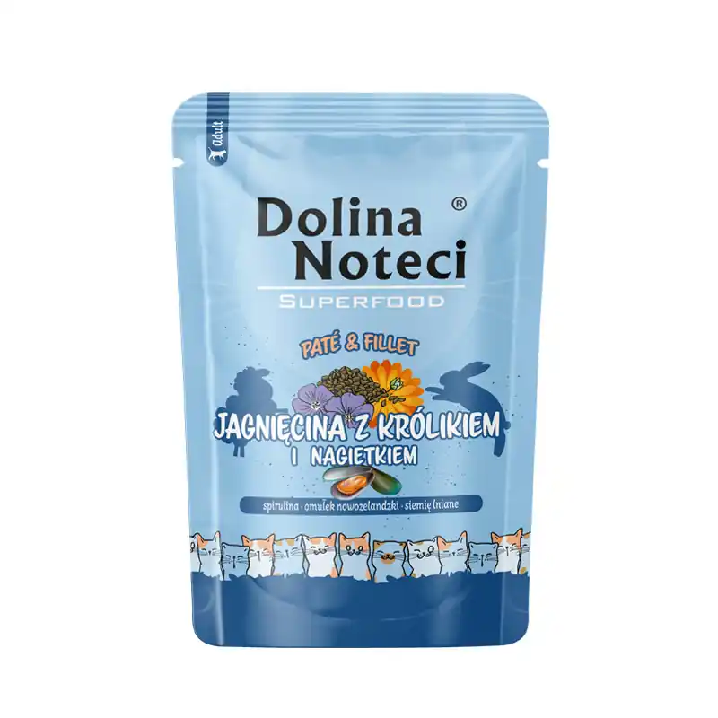 Mokra karma dla kota jagnięcina z królikiem i nagietkiem Dolina Noteci Superfood Pasztet & Filet 85 g Oferta limitowana
