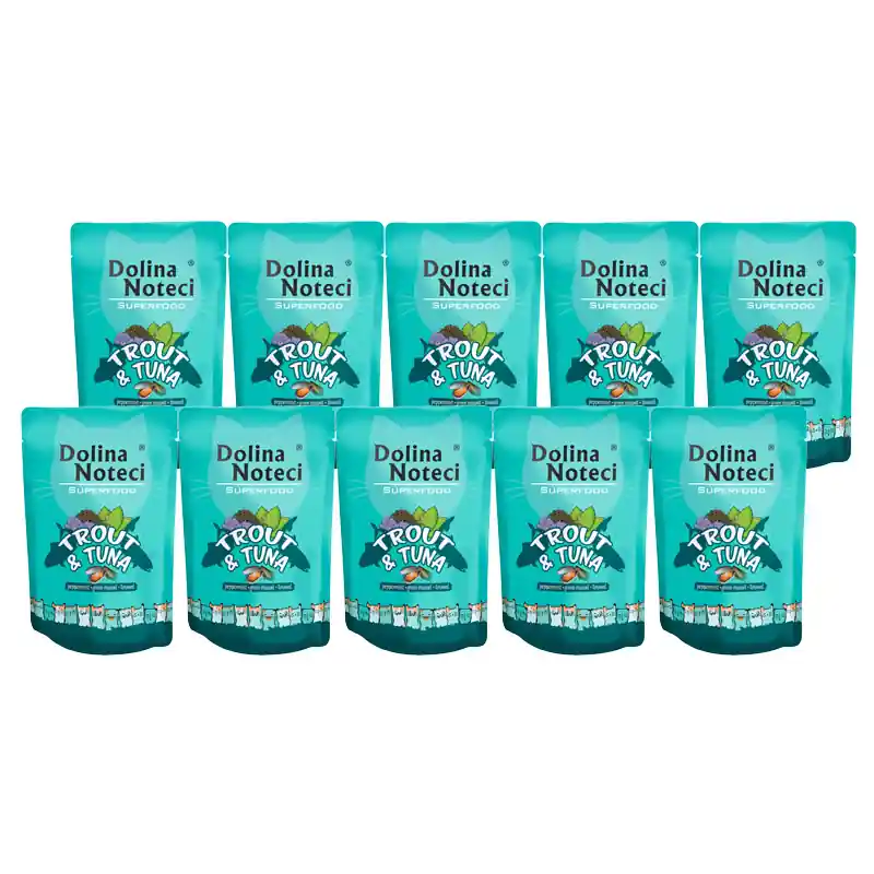 Bestseller Mokra karma dla kota Dolina Noteci Superfood pstrąg i tuńczyk saszetka zestaw 10 x 85 g