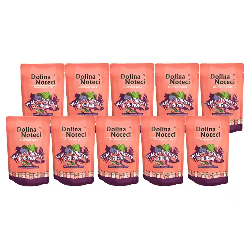 Hit sprzedaży Mokra karma dla kota Dolina Noteci Superfood cielęcina z homarem i krewetkami zestaw 10 x 85 g