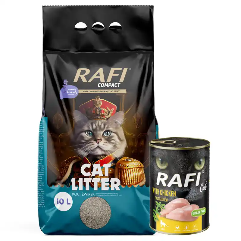 Wyprzedaż Rafi Zbrylający żwirek dla kota o zapachu lawendy Compact 10 l + gratis Rafi Cat Adult z kurczakiem 400 g