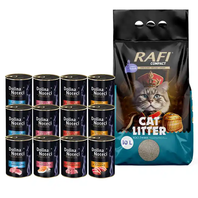 Dolina Noteci Premium Zestaw Mokra karma dla kota 12 x 400 g + Rafi Zbrylający żwirek o zapachu lawendy Compact 10 l Do wyczerpania zapasów