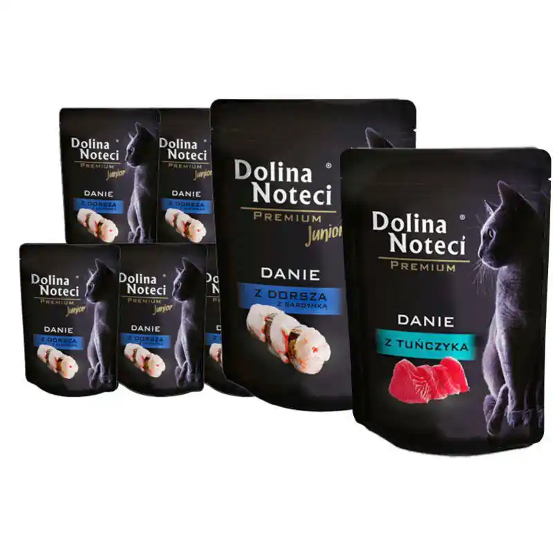 Mokra karma dla kota Dolina Noteci Premium Junior danie z dorsza z sardynką zestaw 10 x 85 g + danie z tuńczyka 85 g gratis Tylko dziś