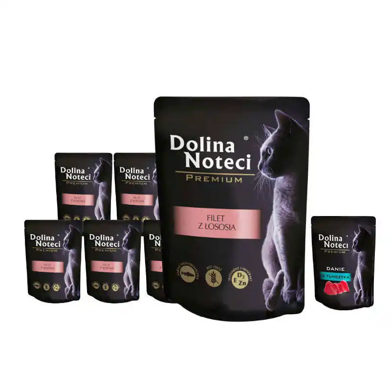 Mokra karma dla kota filet z łososia Dolina Noteci Premium zestaw 10 x 85 g + danie z tuńczyka 85 g gratis Łatwy zwrot