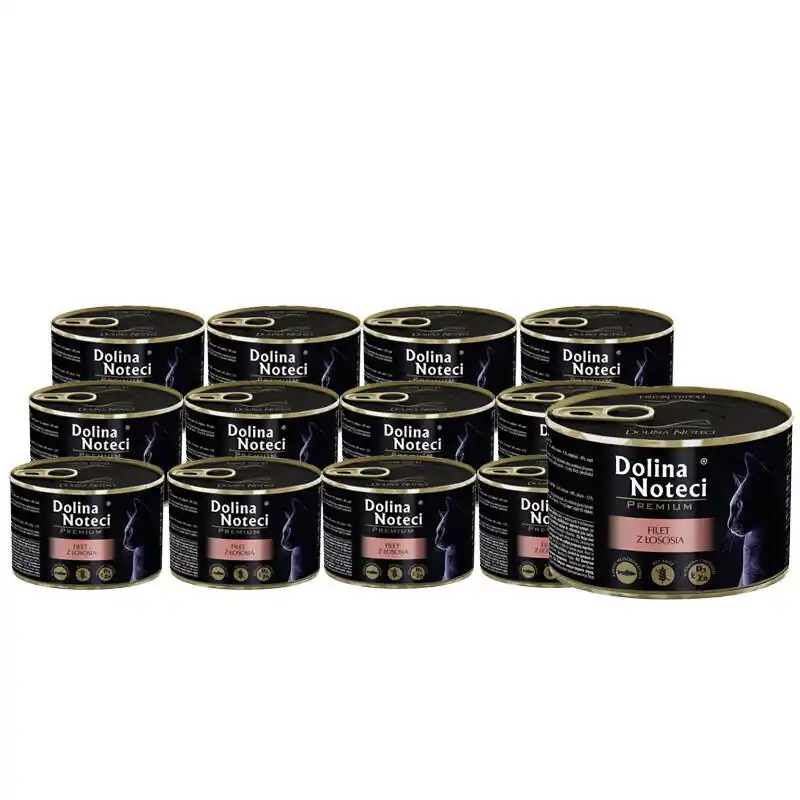 Ostatnie sztuki Mokra karma dla kota filet z łososia Dolina Noteci Premium zestaw 12 x 185 g + DNP filet z łososia 185 g gratis
