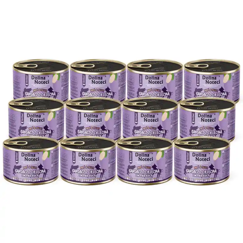 Kup teraz Mokra karma dla kota po sterylizacji sandacz z cielęciną i morwą białą Dolina Noteci Superfood Pasztet & Filet zestaw 12 x 185 g