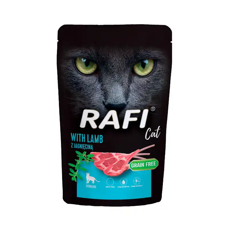 Dodaj do koszyka Mokra karma dla kotów sterylizowanych z jagnięciną Rafi Cat Adult 100 g