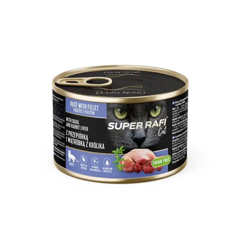 Nowy Karma mokra dla kotów Super Rafi Cat z przepiórką i wątróbką z królika 185 g