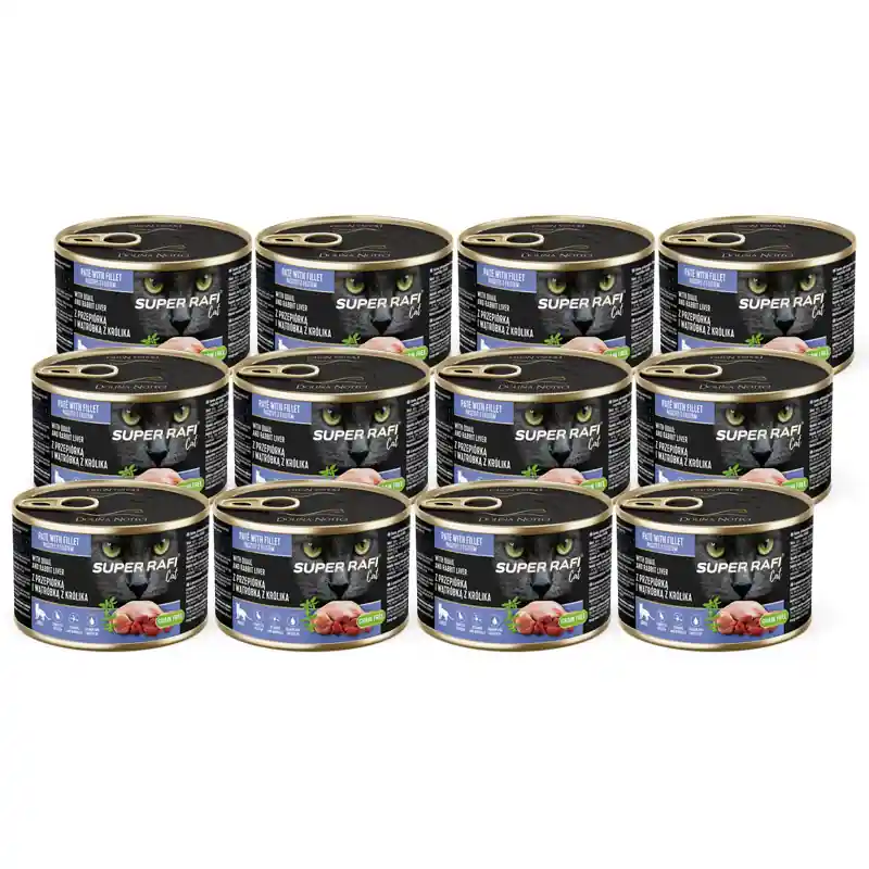 Wyjątkowa oferta Karma mokra dla kotów Super Rafi Cat z przepiórką i wątróbką z królika zestaw 12 x 185 g