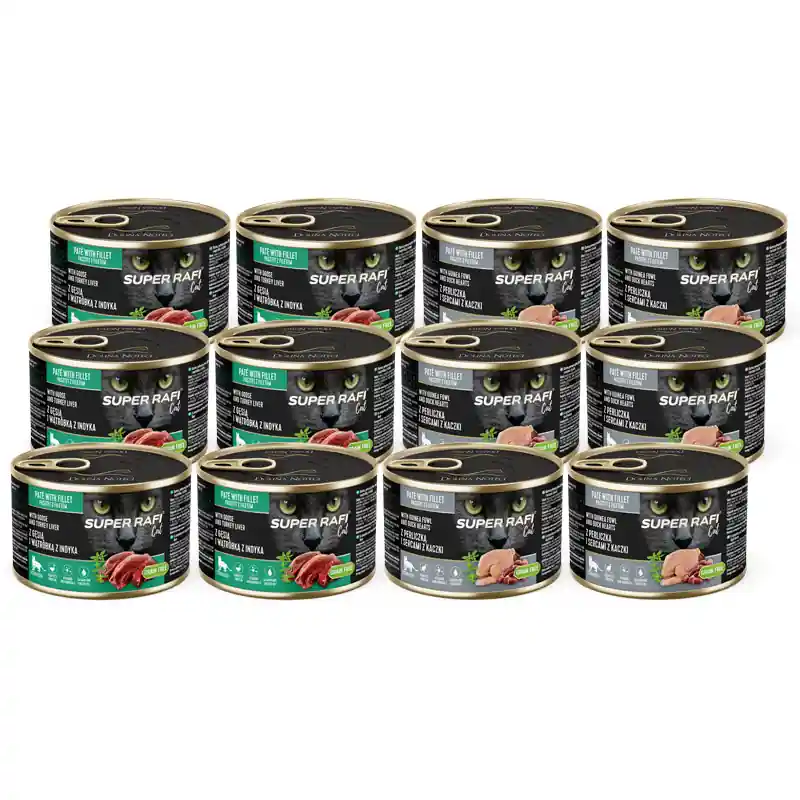 Karma mokra dla kotów sterylizowanych Super Rafi Cat mix smaków zestaw 12 x 185 g Promocja