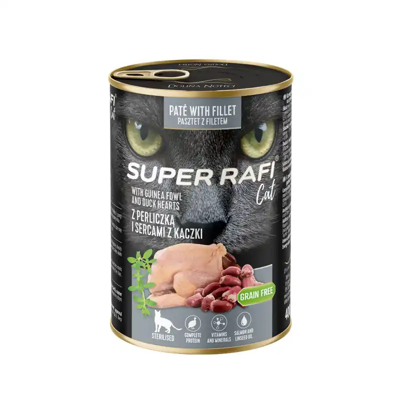 Sprawdź teraz Karma mokra dla kotów sterylizowanych Super Rafi Cat z perliczką i sercami z kaczki 400 g