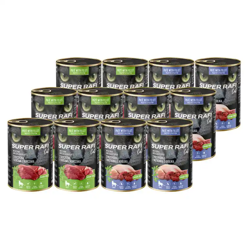 Niska cena Karma mokra dla kotów Super Rafi Cat mix smaków zestaw 12 x 400 g
