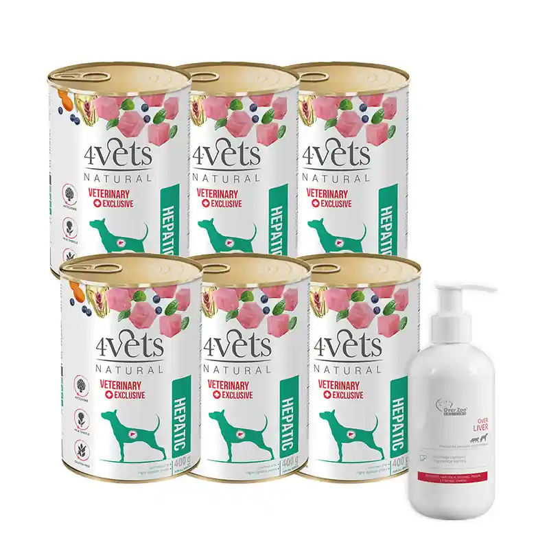 Wyjątkowa oferta Mokra karma weterynaryjna dla psa ze schorzeniami wątroby 4Vets Natural Hepatic 6 x 400 g + Over Zoo Over Liver Preparat wspierający funkcje wątroby psów i kotów 250 ml