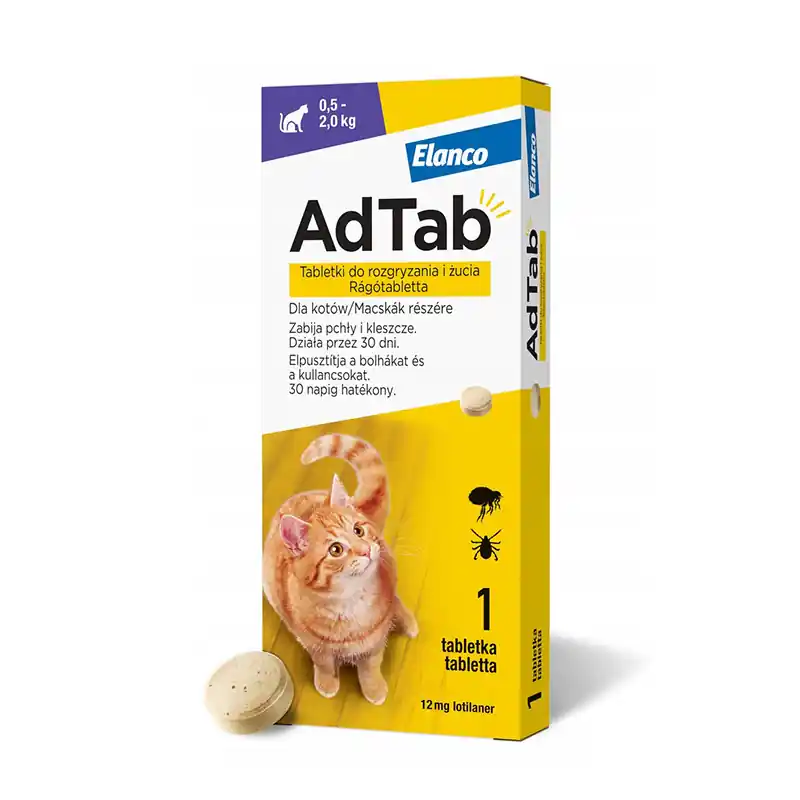 Elanco AdTab Cat Tabletka na pchły i kleszcze dla kota 0,5 - 2 kg 12 mg 1 tabl. Dostępne od ręki