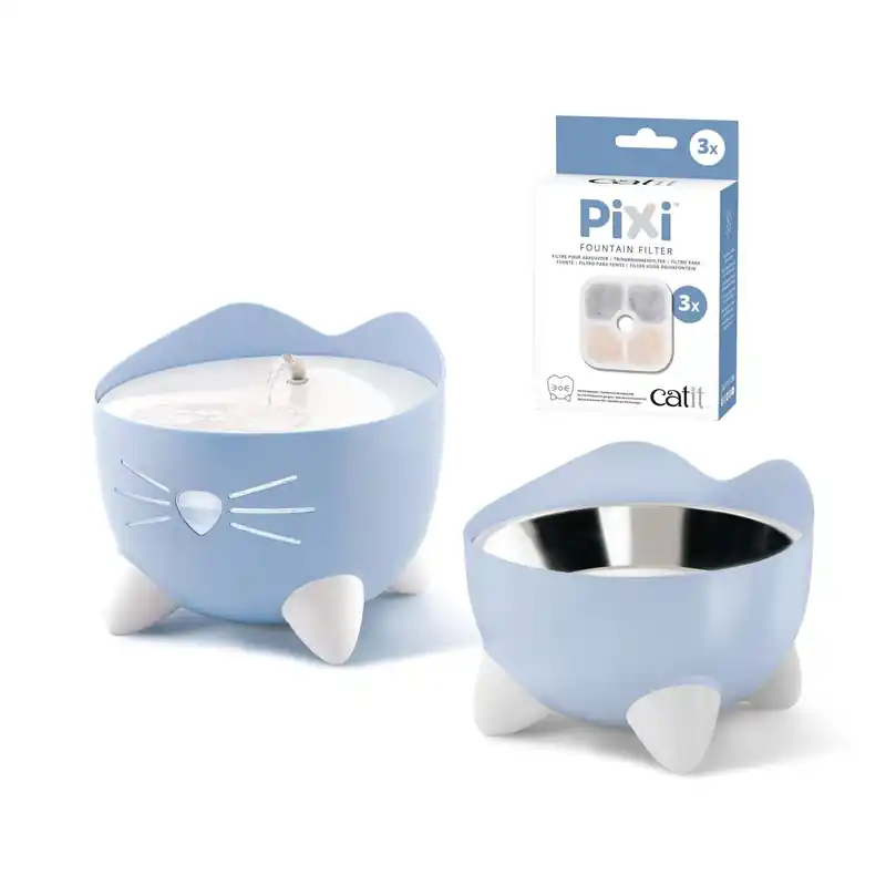 Do wyczerpania zapasów Pixi Fountain Combo Zestaw poidło dla kota 2,5 l niebieskie + miska + opakowanie filtrów CH-7216 gratis