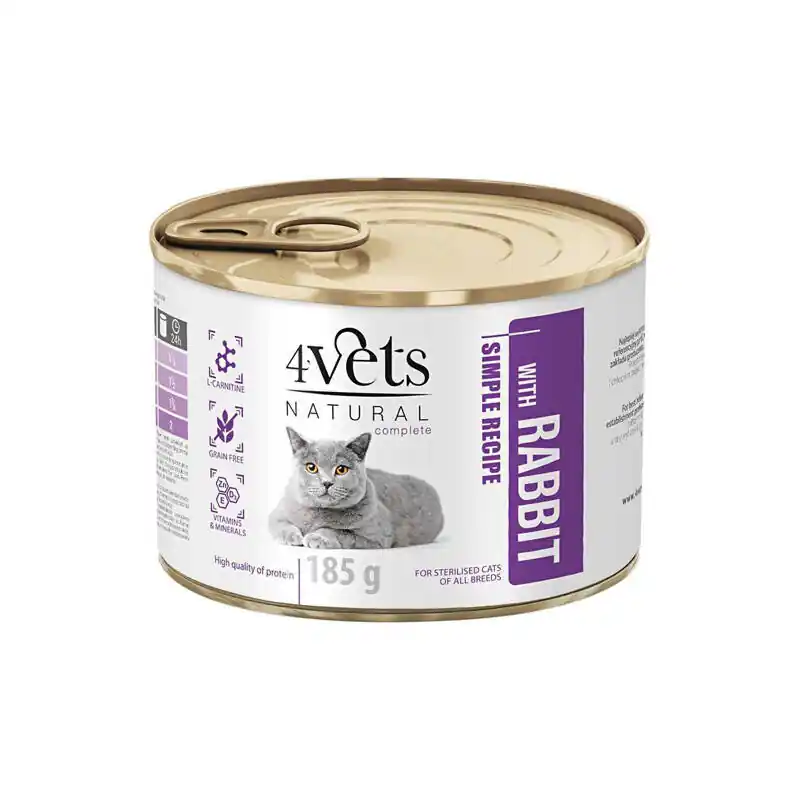 Ograniczona ilość 4Vets Natural Sterilised Mokra karma dla kota z królikiem 185 g