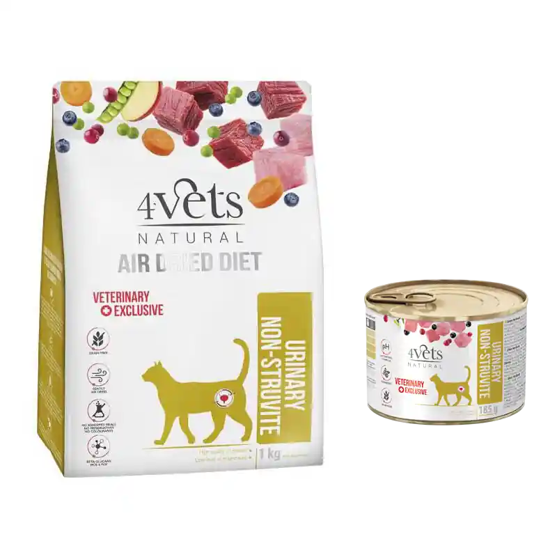 4Vets Natural Urinary Non-struvite karma suszona dla kotów ze schorzeniami dróg moczowych 1 kg + Urinary Non-struvite karma mokra 185 g GRATIS Taniej