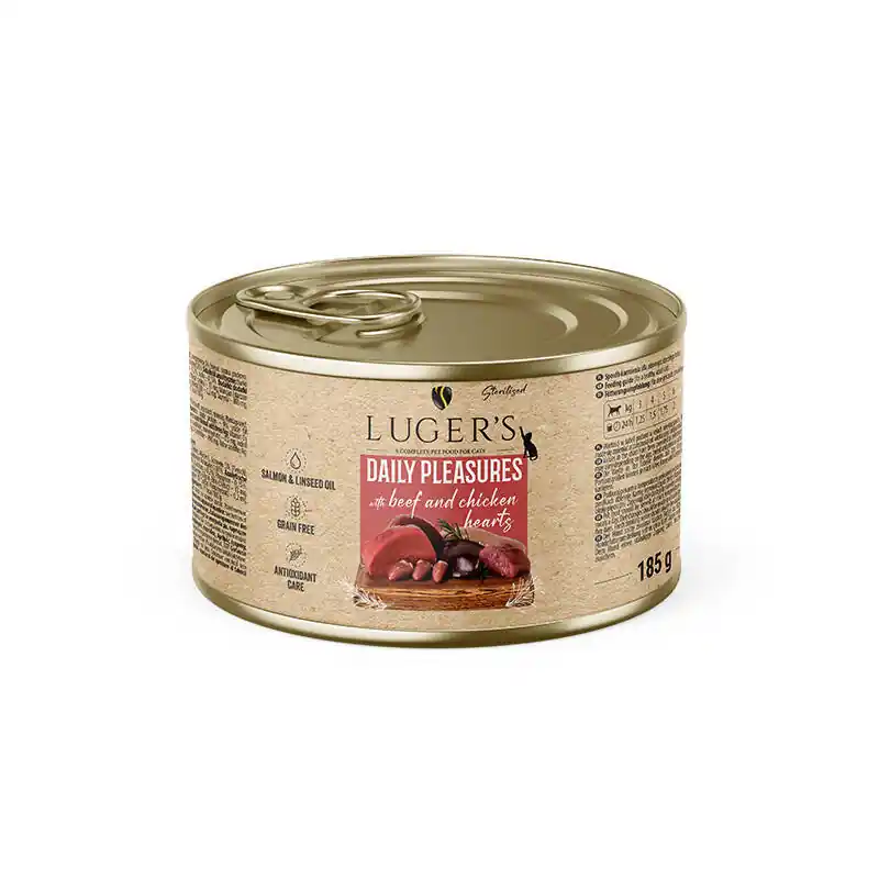 Karma mokra dla kota Luger‘s Daily Pleasures Sterilised z wołowiną i sercami z kurczaka 185 g Wyprzedaż