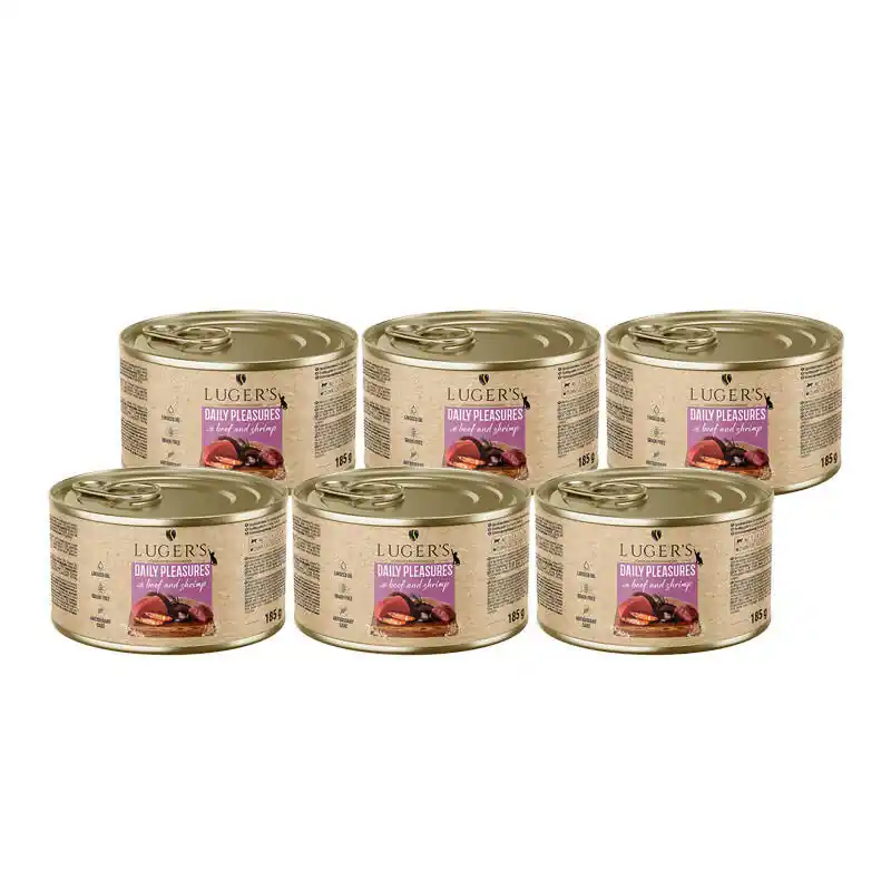 Bezpieczna płatność Karma mokra dla kota Luger‘s Daily Pleasures z wołowiną i krewetkami zestaw 6 x 185 g