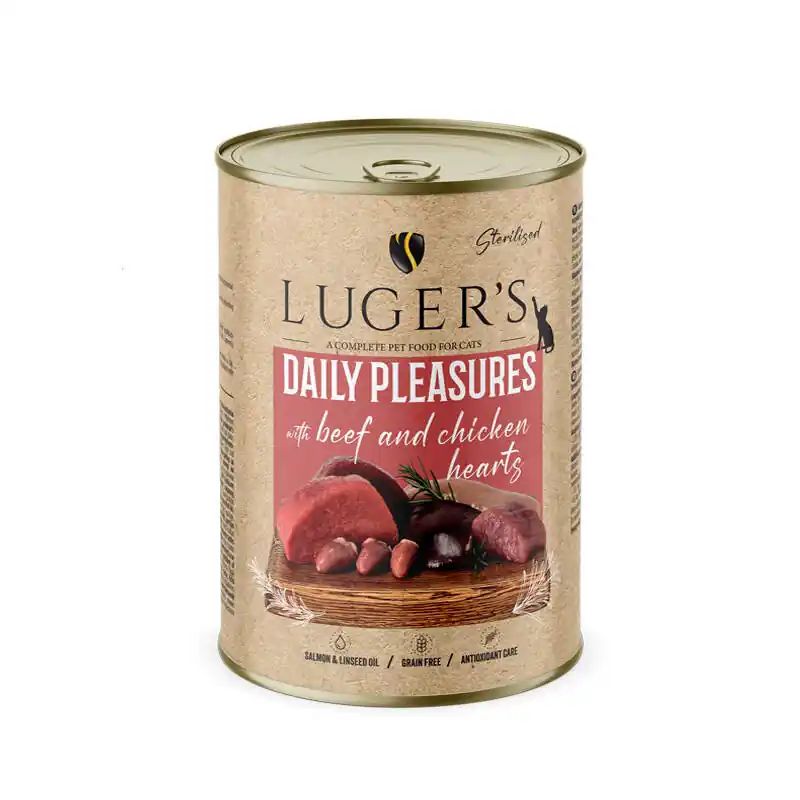 Nowość Karma mokra dla kota Luger‘s Daily Pleasures Sterilised z wołowiną i sercami z kurczaka 400 g