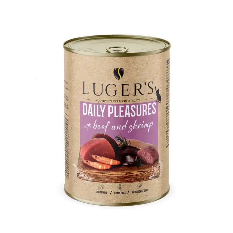 Ograniczona ilość Karma mokra dla kota Luger‘s Daily Pleasures z wołowiną i krewetkami 400 g