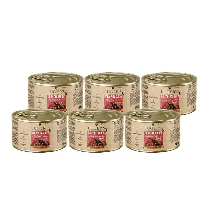 Karma mokra dla kota Luger‘s Daily Pleasures Sterilised z wołowiną i sercami z kurczaka zestaw 6 x 185 g Tylko do końca tygodnia