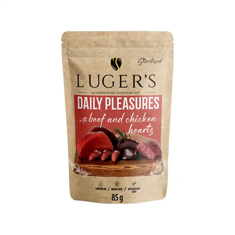 Nie przegap Karma mokra dla kota Luger‘s Daily Pleasures Sterilised z wołowiną i sercami z kurczaka 85 g