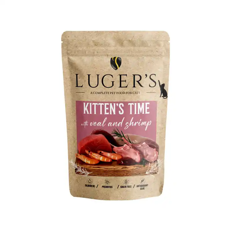 Luger’s Kitten‘s Time karma mokra dla kociąt z cielęciną i krewetkami 85 g Ostatnie sztuki