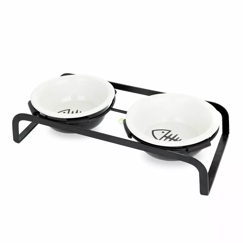 Ekspresowa dostawa Zestaw 2 misek, dla kota, na stojaku metalowym, cermiczne, 12cm