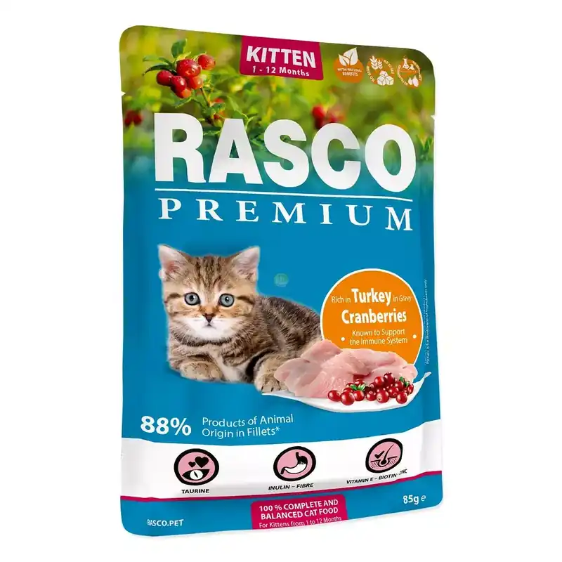 Super okazja RASCO Premium kitten indyk z zurawina fileciki w sosie 85g saszetka dla kota (1703-13032)