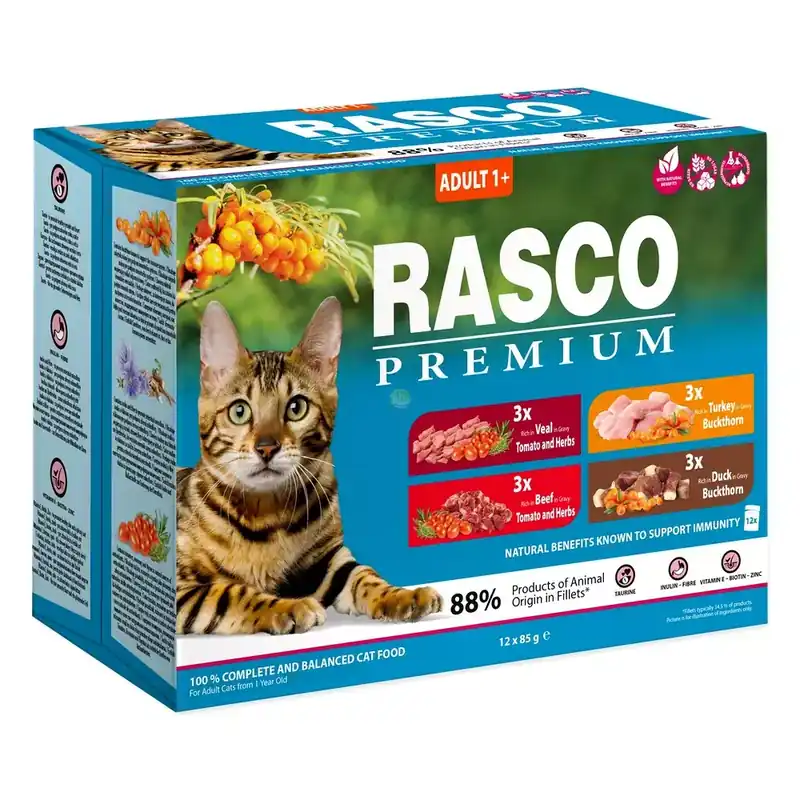 Ostatnie sztuki RASCO Premium wolowina, cielecina, indyk, kaczka fileciki w sosie 12x85g saszetka dla kota (1703-13198)