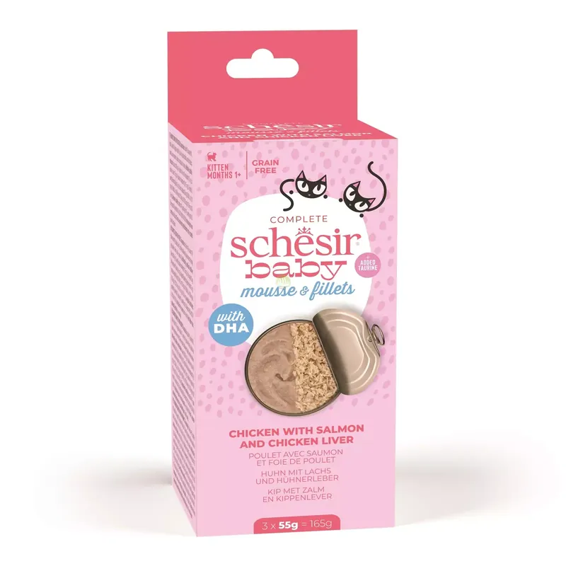 Do wyczerpania zapasów Baby Mousse multipack, karma mokra, dla kociąt, mus z rozdrobnionym kurczakiem i łososiem, 3x55g, puszka