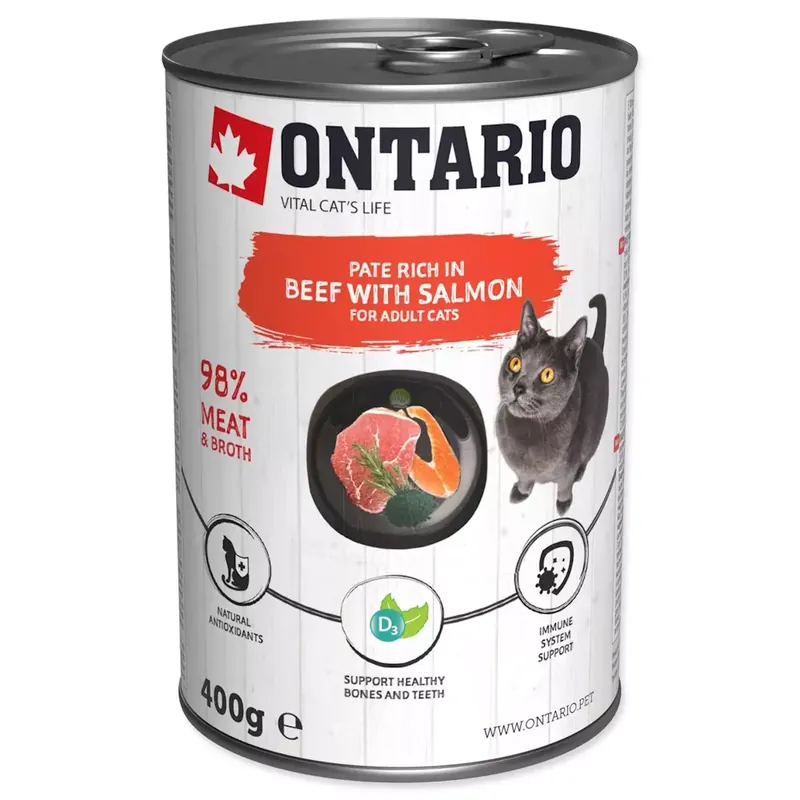 Nie przegap Ontario konserwa dla kotów Wołowina przyprawiona Łososiem oraz Spiruliną 400g (213-21102)