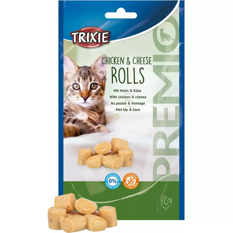 Dostępne od ręki Premio Chicken & Cheese Roll, przysmak, dla kota, kurczak i ser, 50g