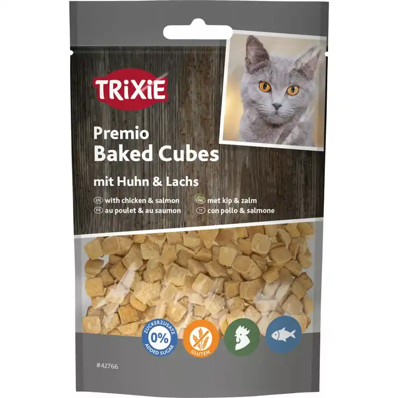 Bezpieczne zakupy Premio Baked Cubes, przysmak, dla kota, kurczak i łosoś, 50g