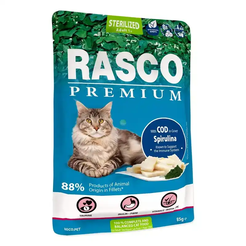 Rasco Premium dorsz ze spirulina fileciki w sosie 85g saszetka dla sterylizowanego kota (1703-13392) Bezpieczne zakupy